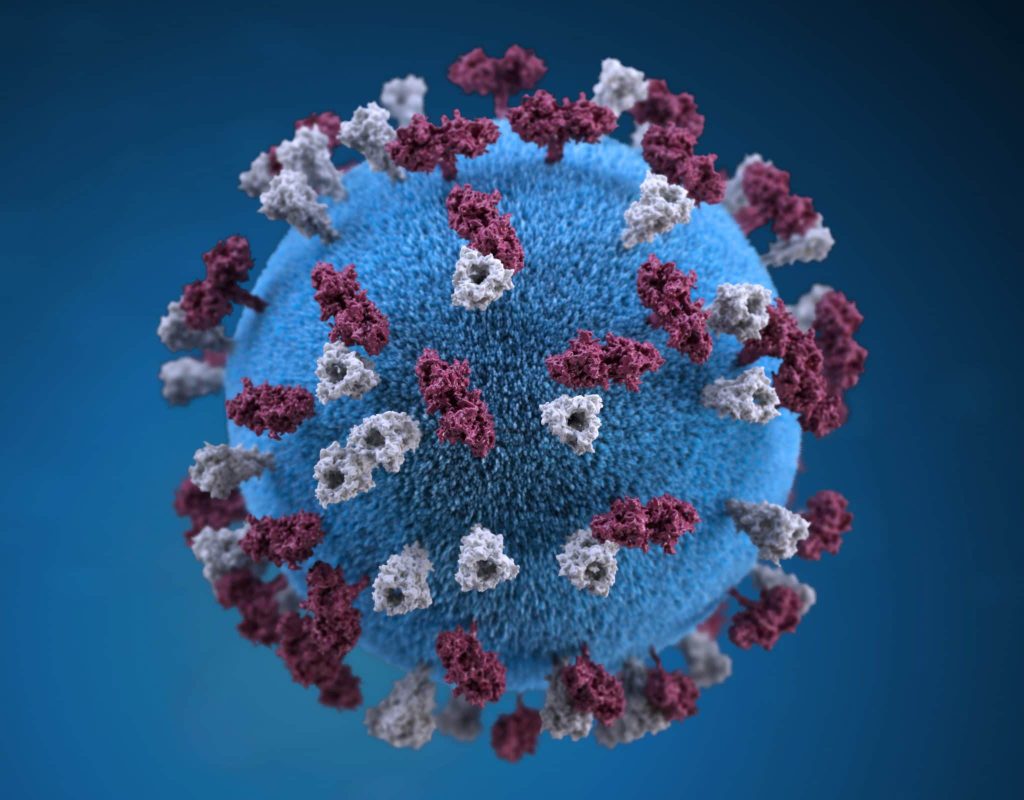 Blue spherical cell with purple and white surface proteins on a blue gradient background.