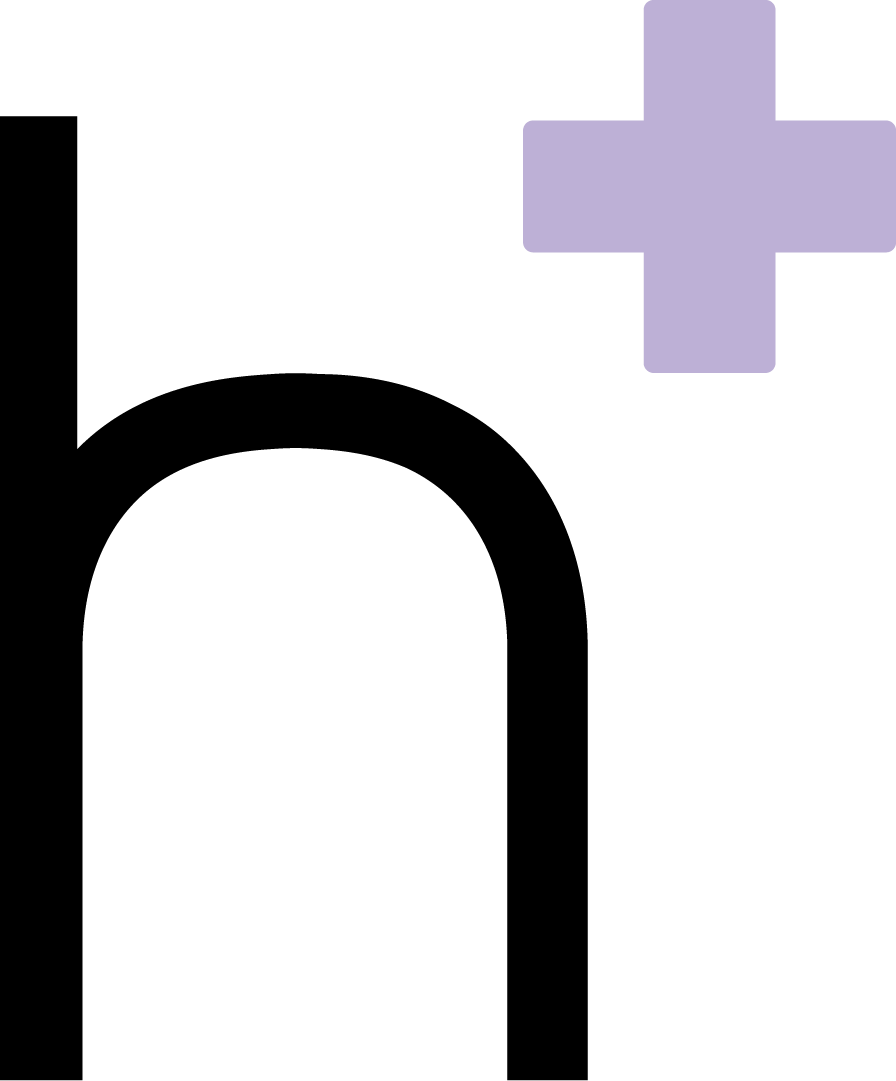 Bold lowercase black letter n with a rounded right arch, a light purple plus sign in the upper right.