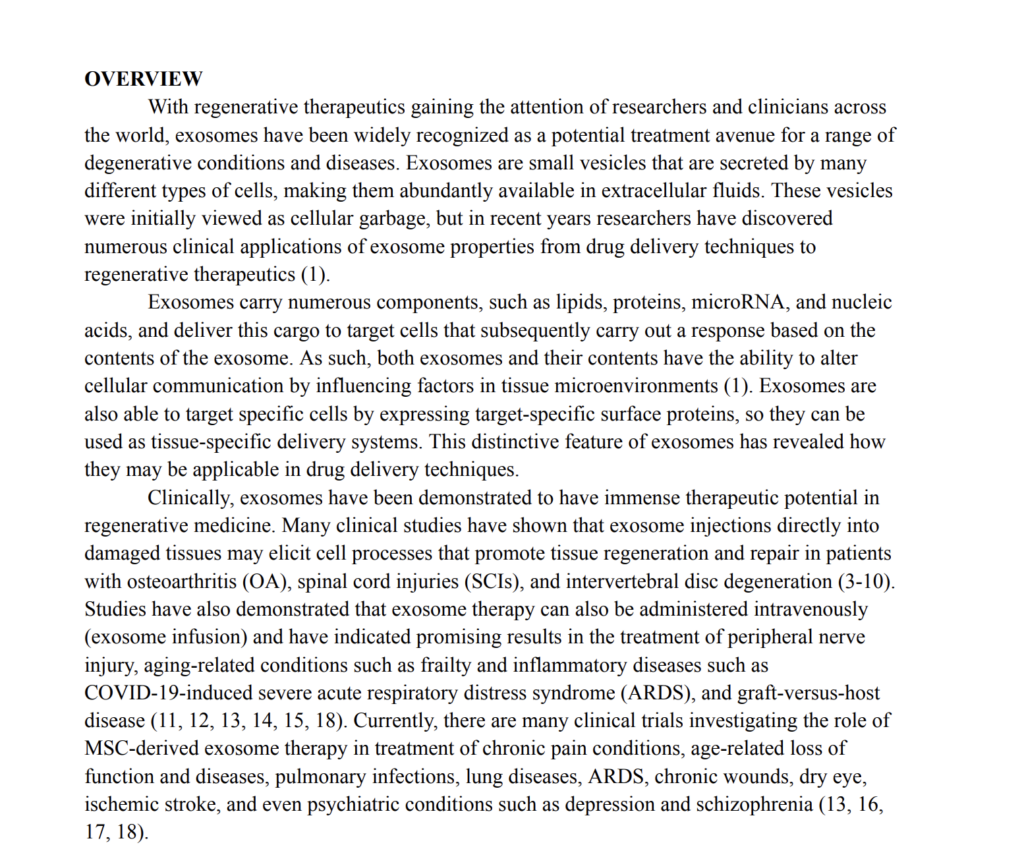Page showing a bold "OVERVIEW" heading with dense text about exosome components and therapeutic potential.