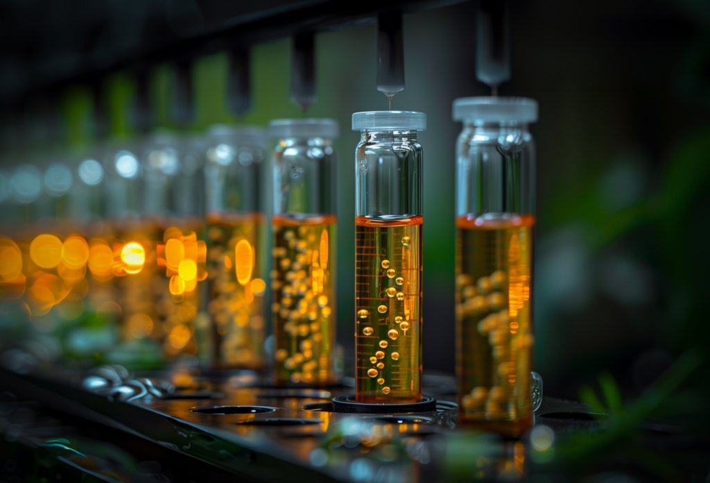 Row of glass vials with amber liquid on a metallic rack, glowing with warm light.