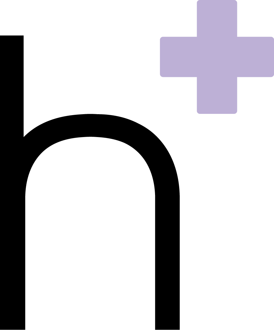 Large black letter h with a lavender plus sign in the upper right.