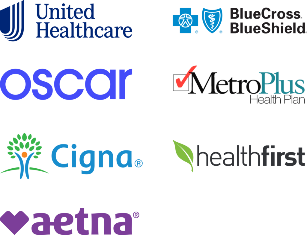 Collage of health insurance logos: UnitedHealthcare, Blue Cross Blue Shield, Oscar, MetroPlus, Cigna, Healthfirst, Aetna